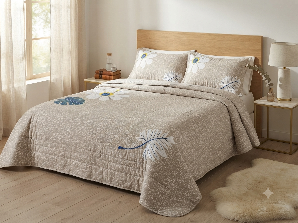 JUEGO DE CAMA 3 PIEZAS DISEÑOS CAFE FLOR BLANCA/RAMA AZUL