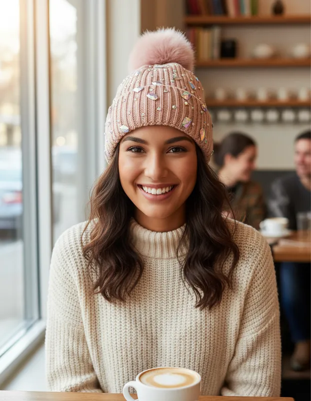 GORRO DE UN POMPON DIAMANTES ROSA CLARO