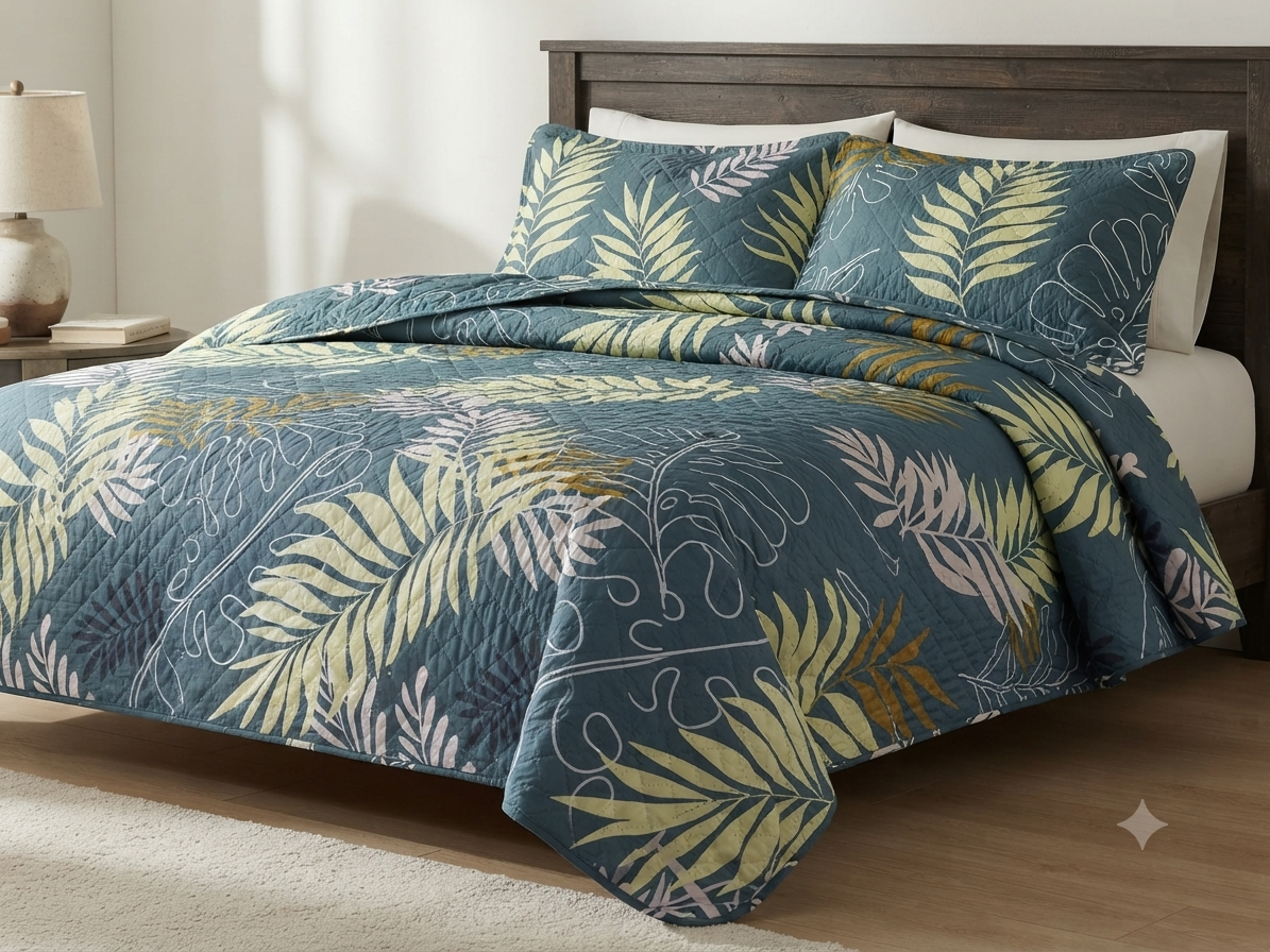 JUEGO DE CAMA 3 PIEZAS DISEÑOS AZUL PALMAS HUESO/NARANJA