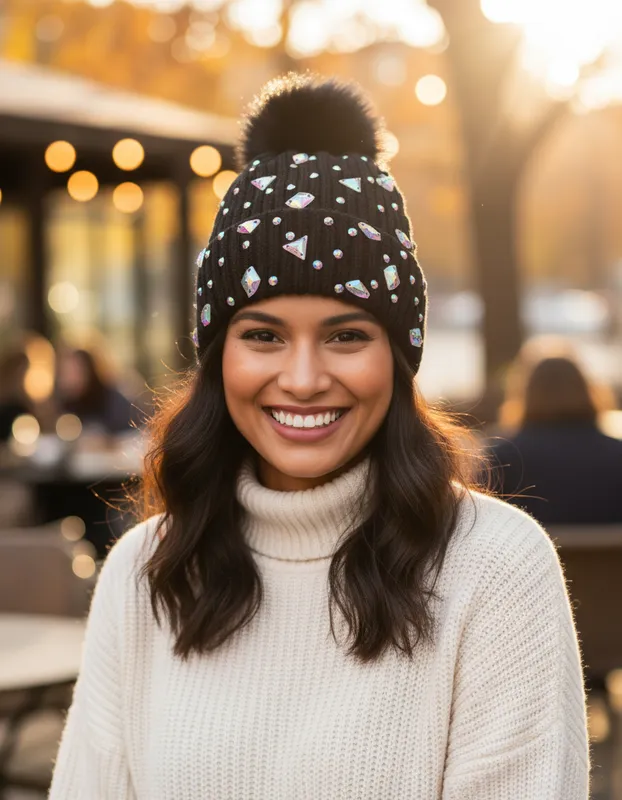 GORRO DE UN POMPON DIAMANTES NEGRO