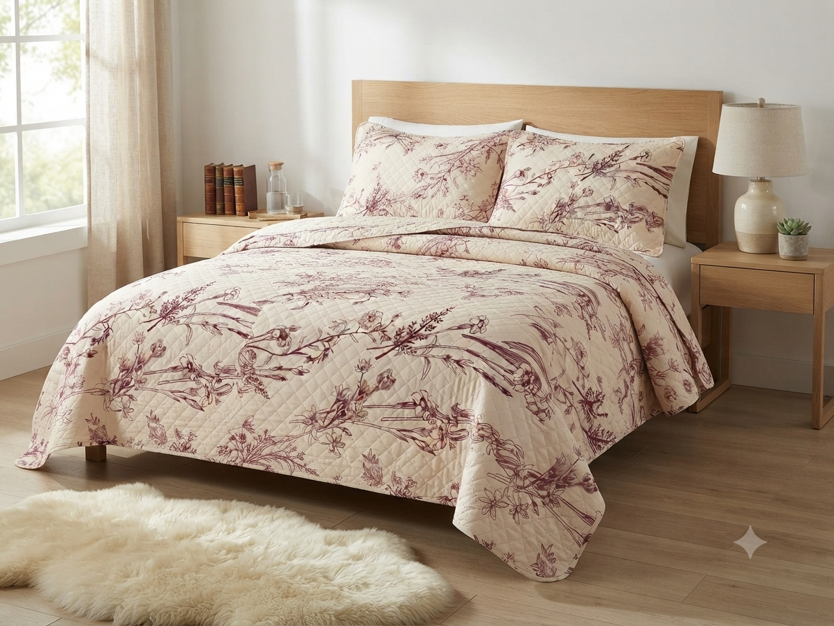 JUEGO DE CAMA 3 PIEZAS  DISEÑOS BEIGE FLORES GUINDAS