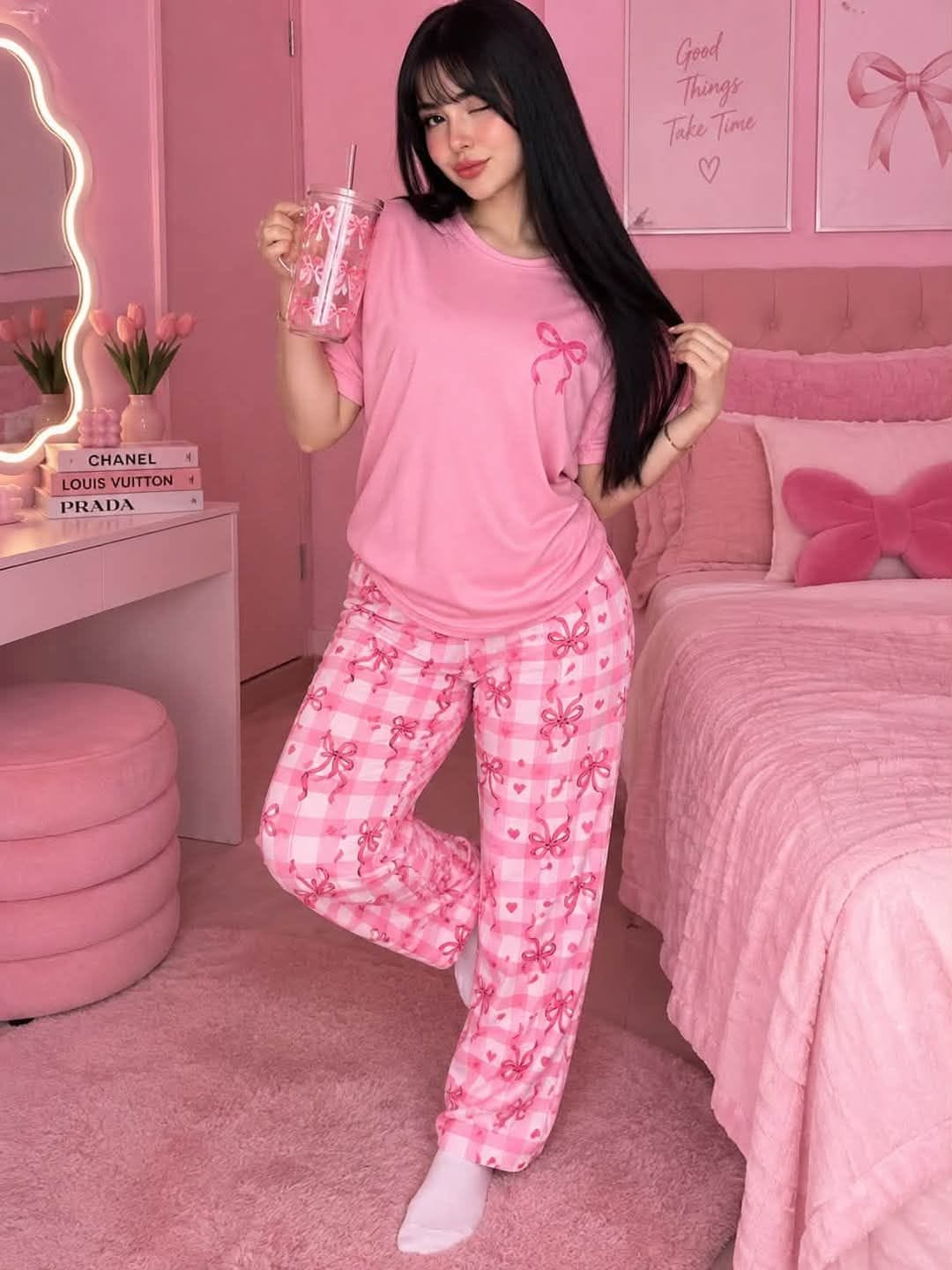 CONJUNTO PIJAMA MOÑOS ROSA PASTEL