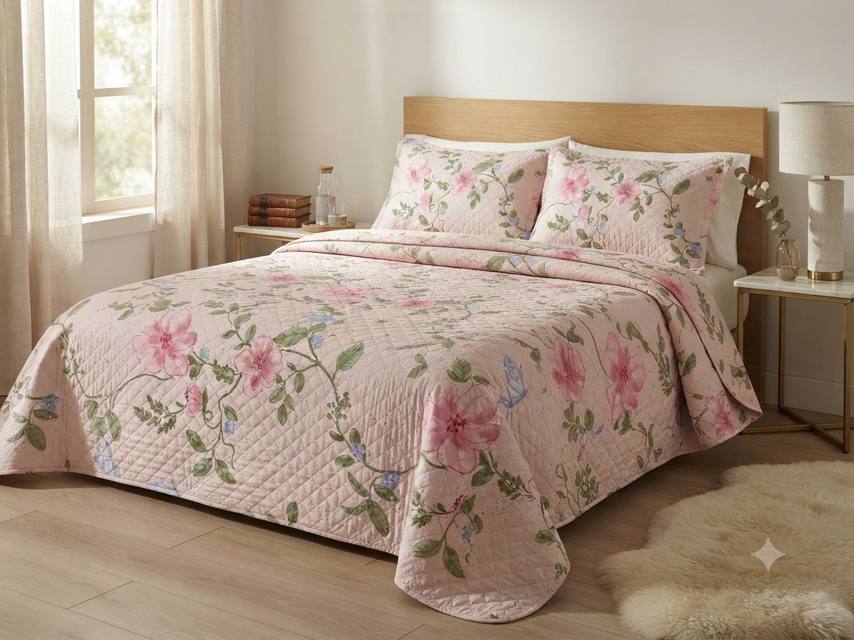 JUEGO DE CAMA 3 PIEZAS DISEÑOS BEIGE RAMAS VERDES/FLOR ROSA