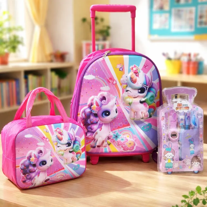 MOCHILA CARRITO CON LONCHERA Y KIT NIÑA UNICORNIO