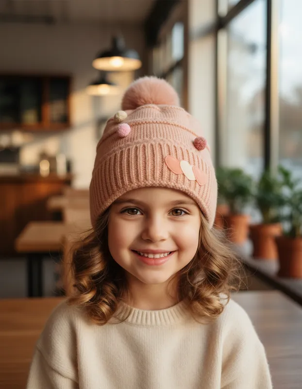 GORRO POMPON CORAZONES BEIGE