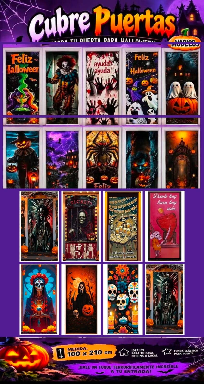 CUBRE PUERTA HALLOWEEN ELASTICO PAQUETE SURTIDO 12PZ