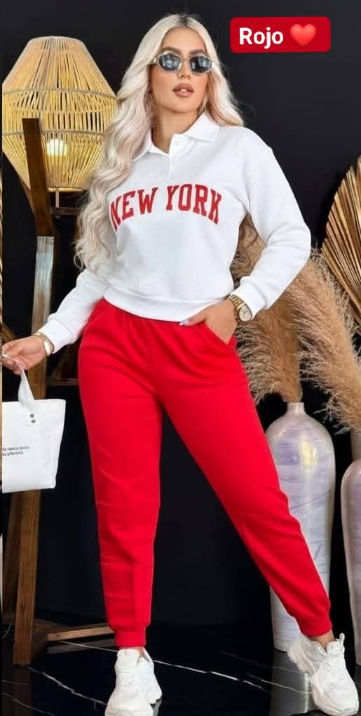 CONJUNTO NEW YORK PANTS DAMA ROJO/BLANCO XXL