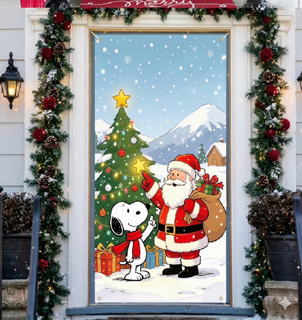 TELON CUBRE PUERTA NAVIDEÑA PERSONAJES SNOOPY/SANTA