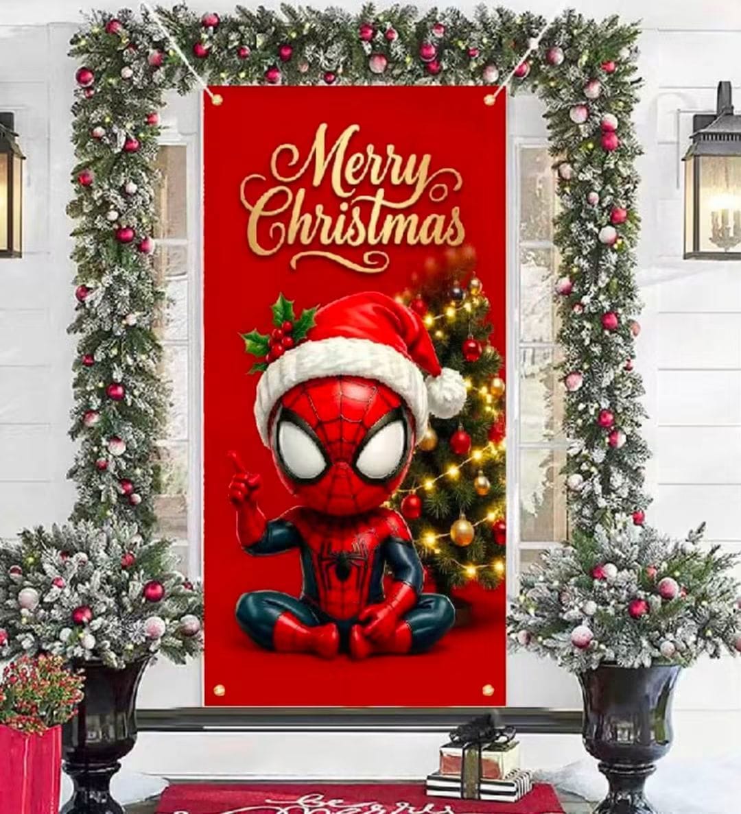 TELON CUBRE PUERTA NAVIDEÑA PERSONAJES SPIDERMAN