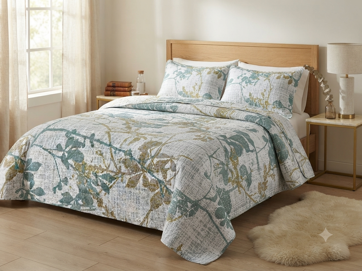 JUEGO DE CAMA 3 PIEZAS DISEÑOS GRIS RAMAS DORADAS/GRIS