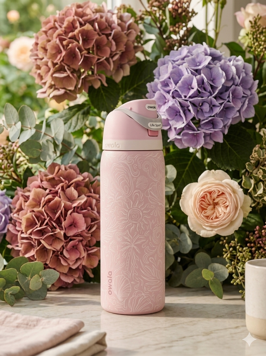 TERMO OWALA 32OZ (945ML) DISEÑOS TEXTURA ROSA PASTEL SOL/PALMERA