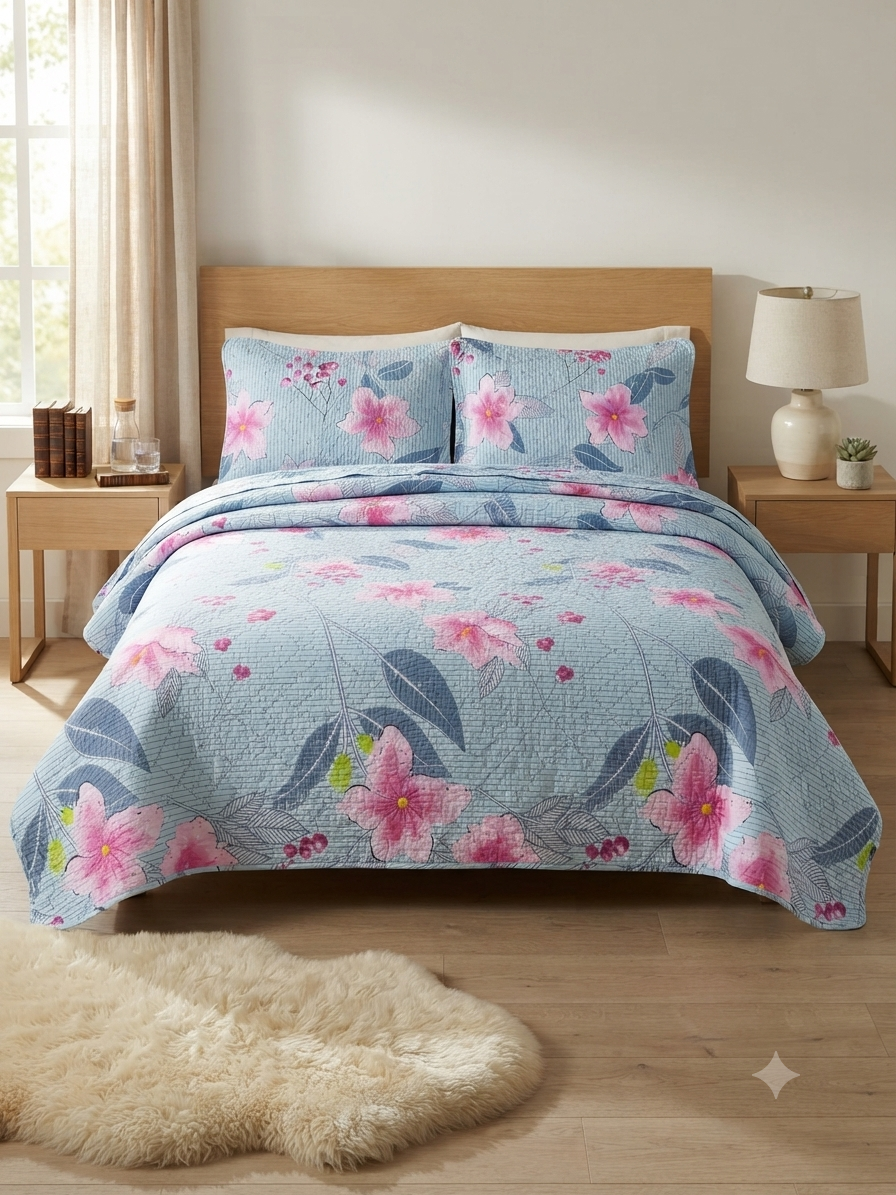 JUEGO DE CAMA 3 PIEZAS DISEÑOS CELESTE RAYAS/FLOR ROSA