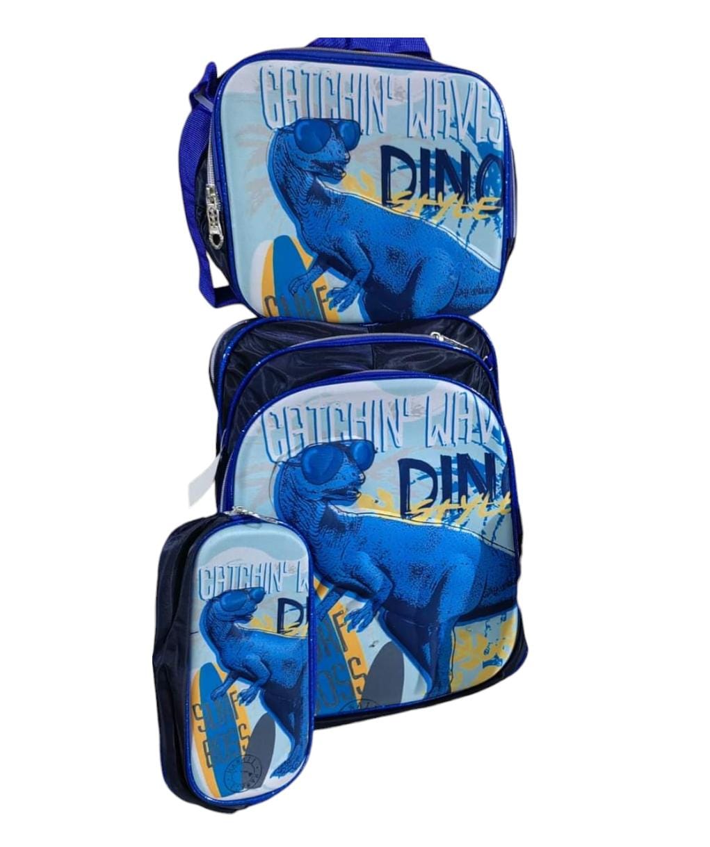 MOCHILA TRIPLE CON LUZ DINOSAURIO AZUL