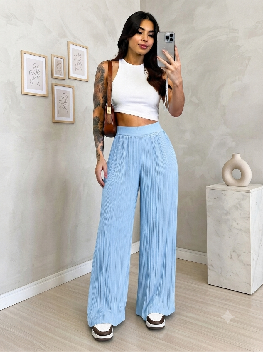 PANTALON TIPO PALAZZO PLIZADO CELESTE M