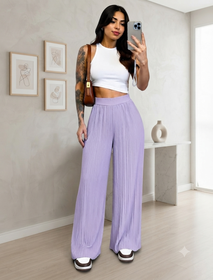 PANTALON TIPO PALAZZO PLIZADO LILA M