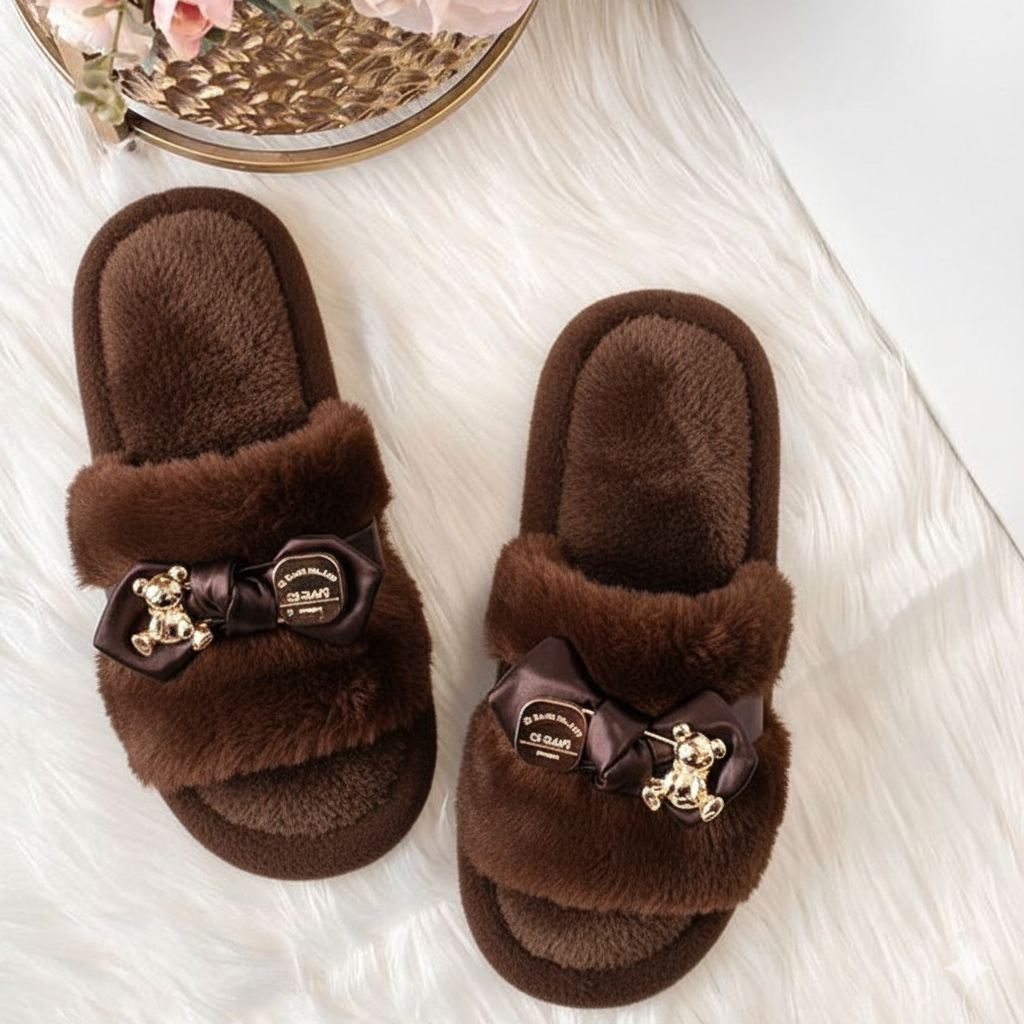 PANTUFLA MOÑITO Y OSO CAFE OSCURO 38-39
