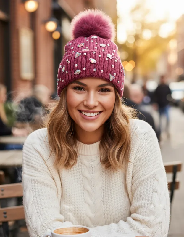 GORRO DE UN POMPON DIAMANTES ROSA PALO