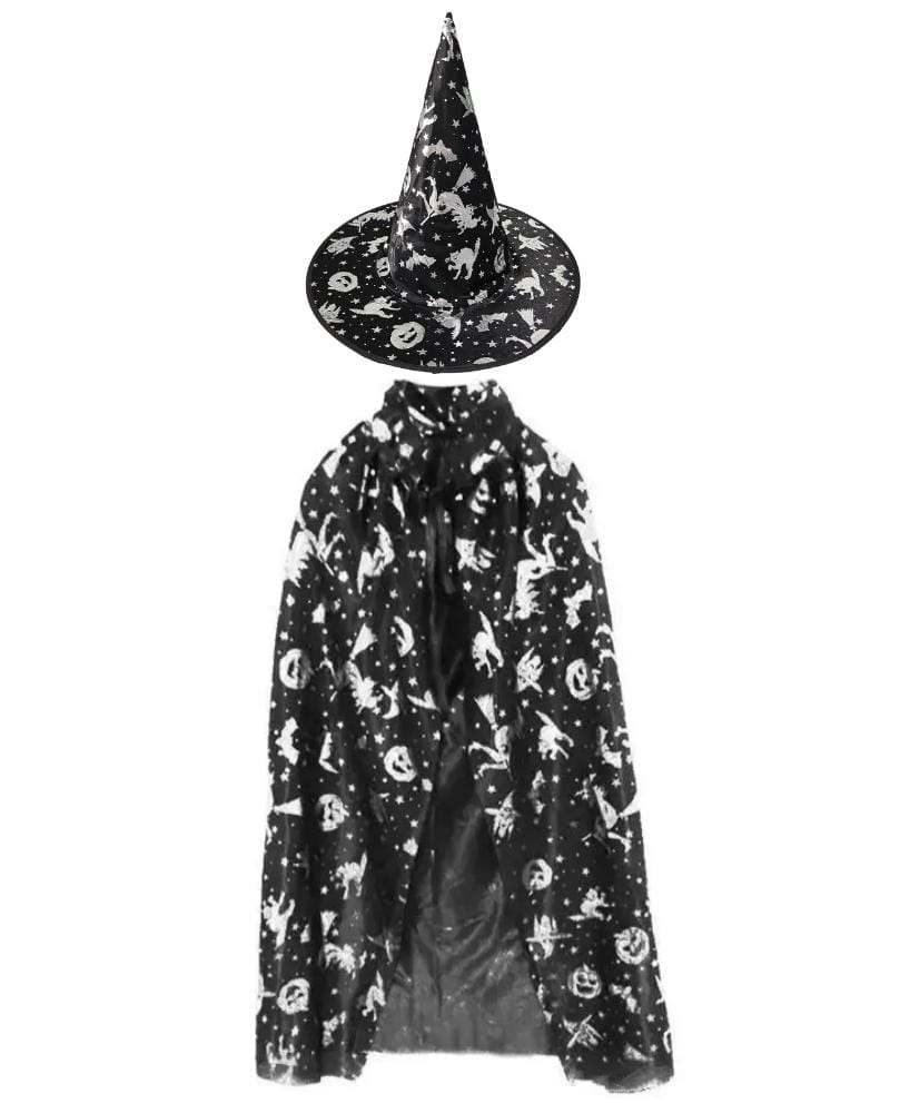 GORRO Y CAPA DE BRUJA NEGRO PLATA