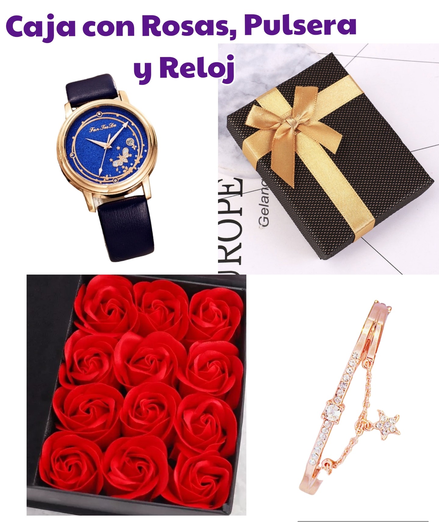 SET CON ROSAS PULSERA Y RELOJ (CAJA NEGRA)