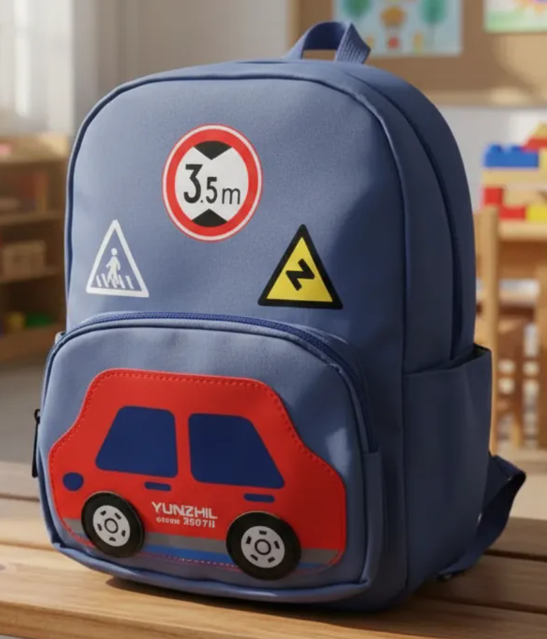 MOCHILA PARA NIÑOS BORDADO CARRITO AZUL