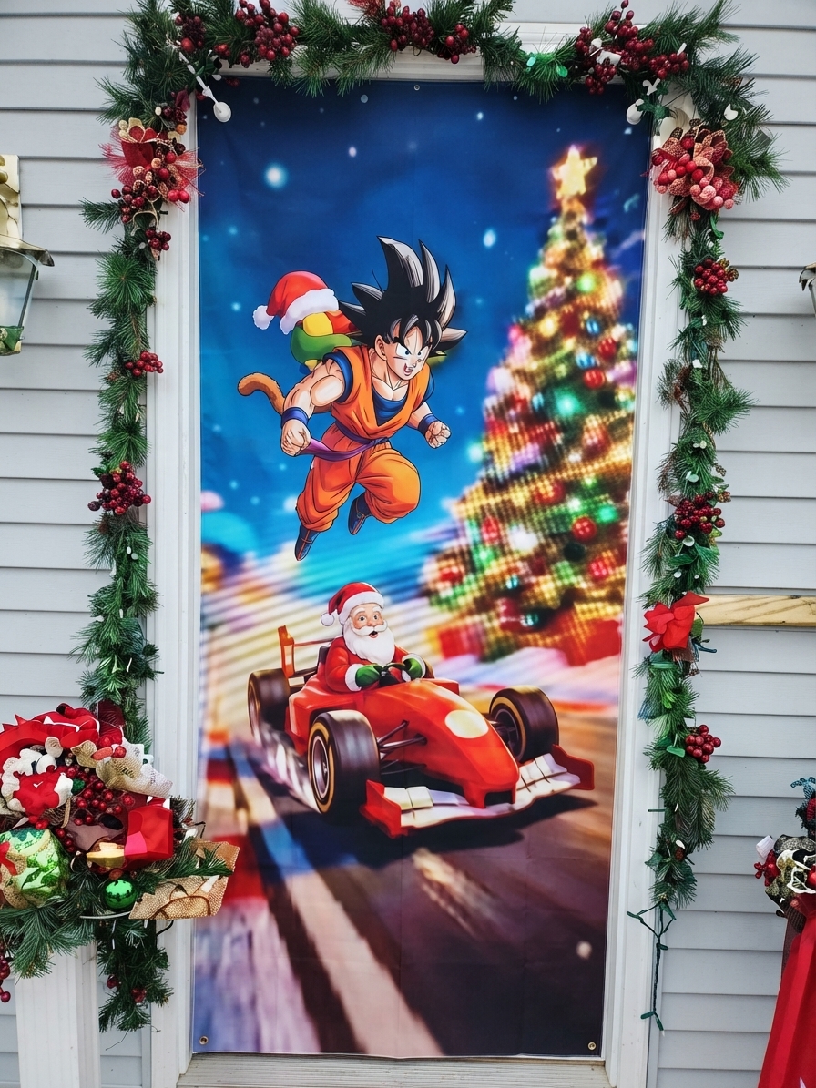 TELON CUBRE PUERTA NAVIDEÑA PERSONAJES GOKU