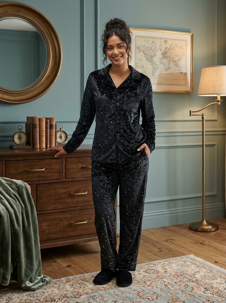 CONJUNTO PIJAMA CON BRILLOS NEGRO L