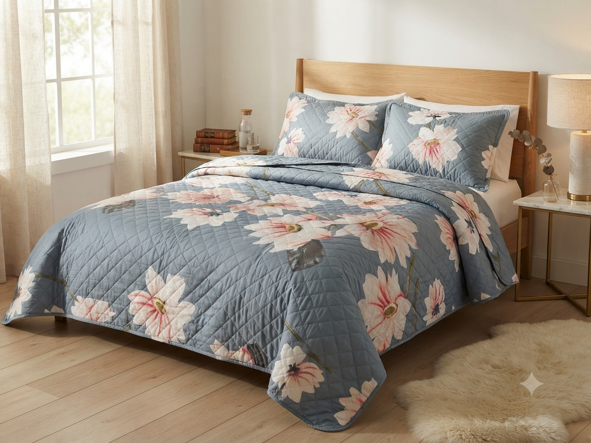 JUEGO DE CAMA 3 PIEZAS DISEÑOS GRIS FLORES CORAL