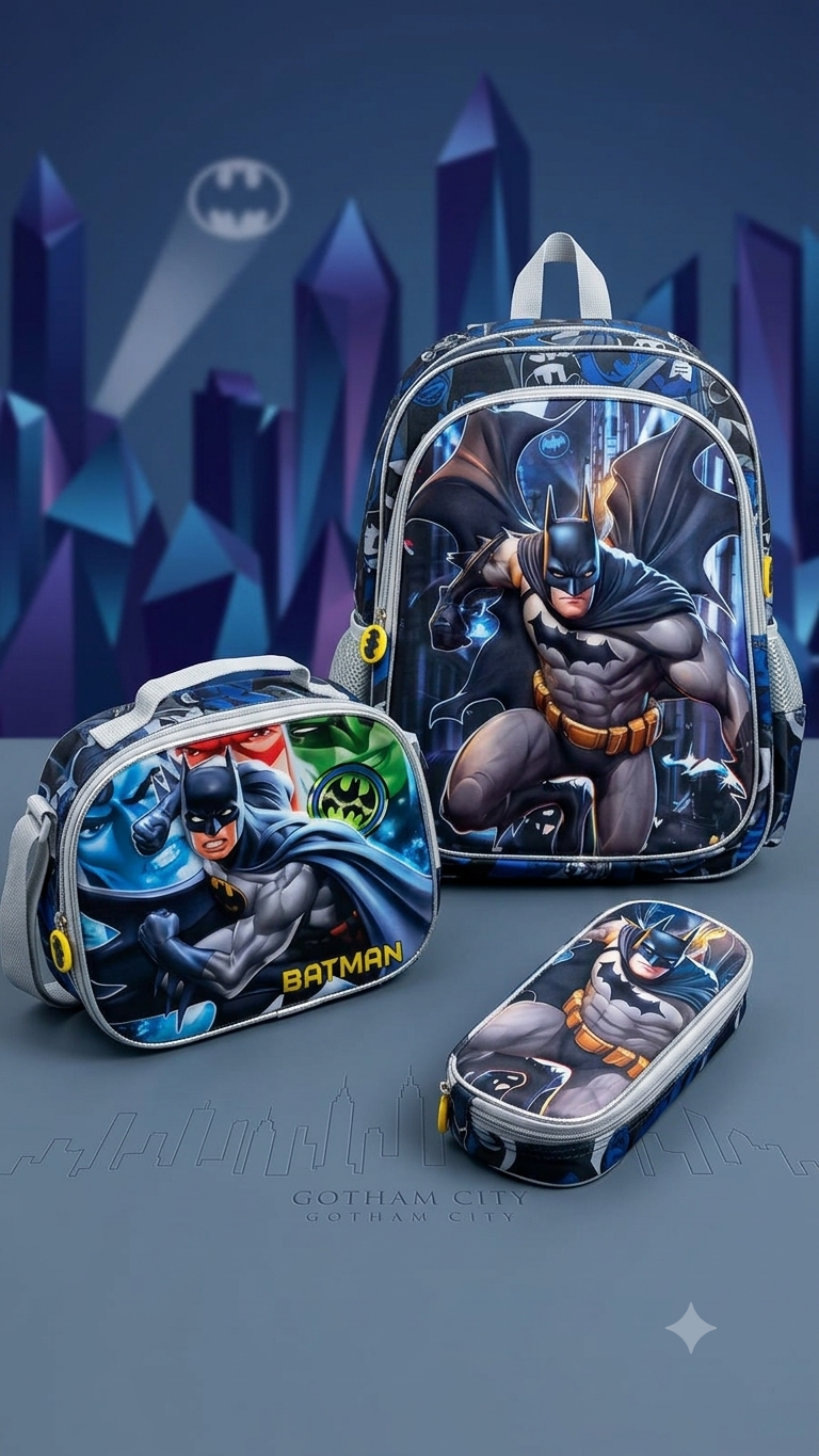 COMBO MOCHILA ESTAMPADO CON LUZ PERSONAJES BATMAN #2414