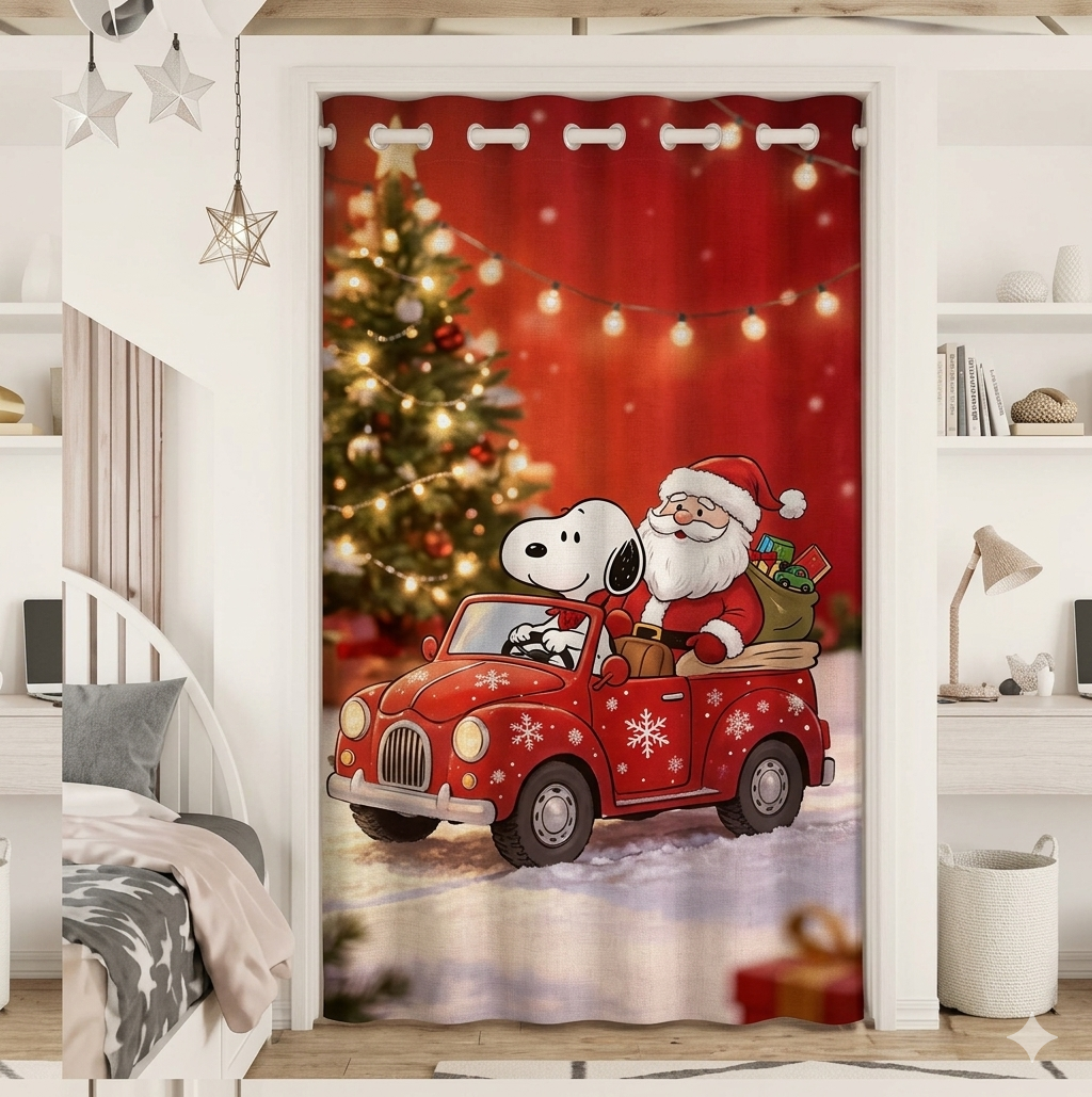 CORTINA NAVIDEÑA DECORACION PERSONAJES SNOOPY/CARRO
