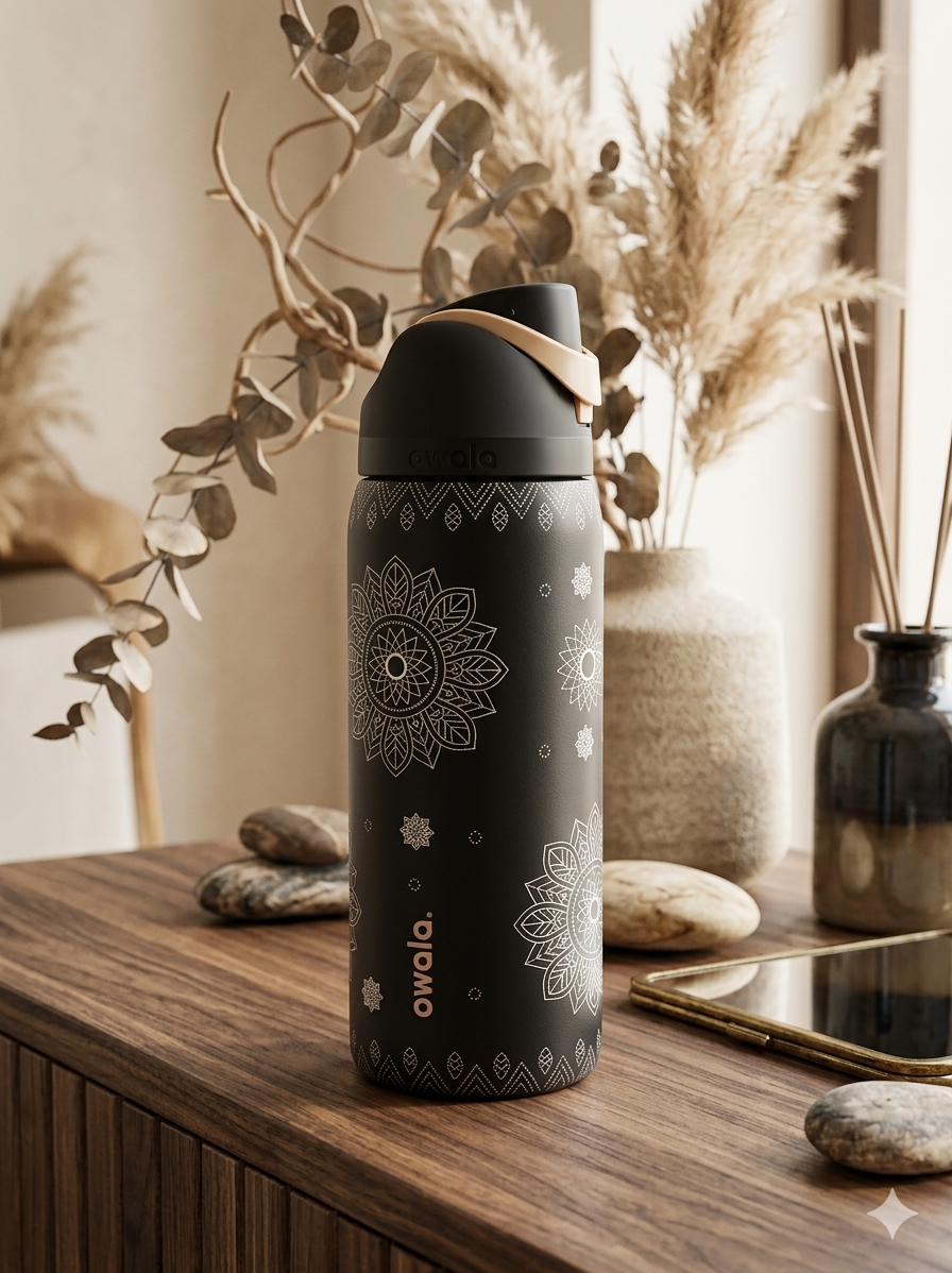 TERMO OWALA 32OZ (945ML) DISEÑOS TEXTURA NEGRO MANDALAS