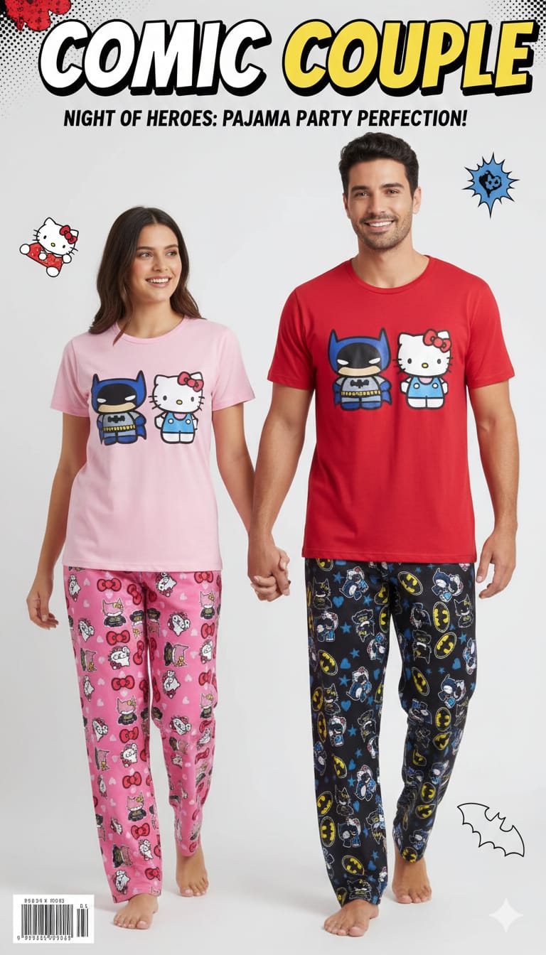 DUO PIJAMAS PAREJAS BATMAN Y KITTY FRANEL COMBINADO