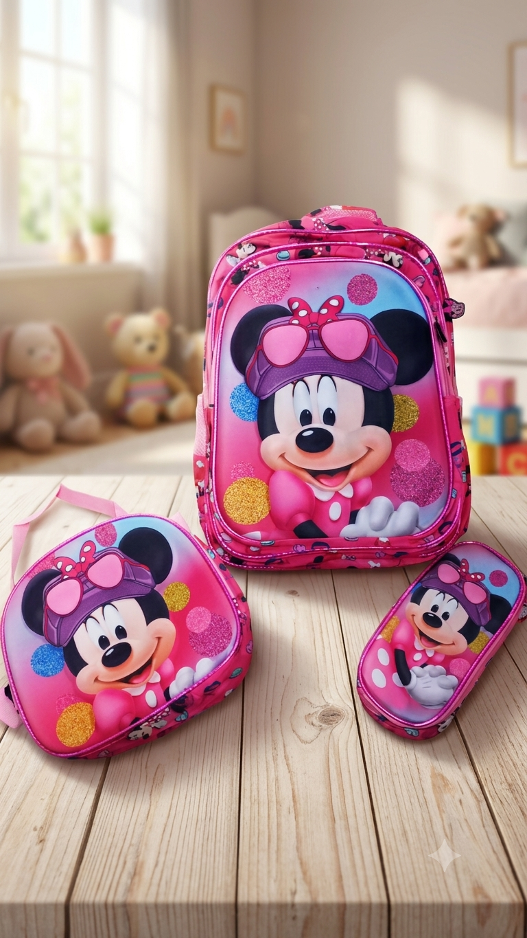 COMBO MOCHILA ESTAMPADO CON LUZ PERSONAJES MINIE #2414