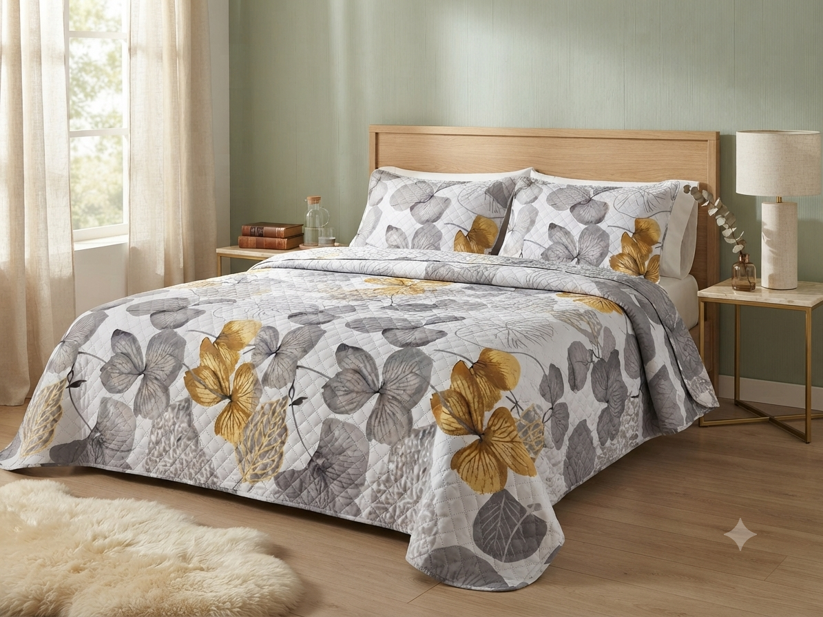 JUEGO DE CAMA 3 PIEZAS  DISEÑOS GRIS HORTENCIA GRIS/DORADO