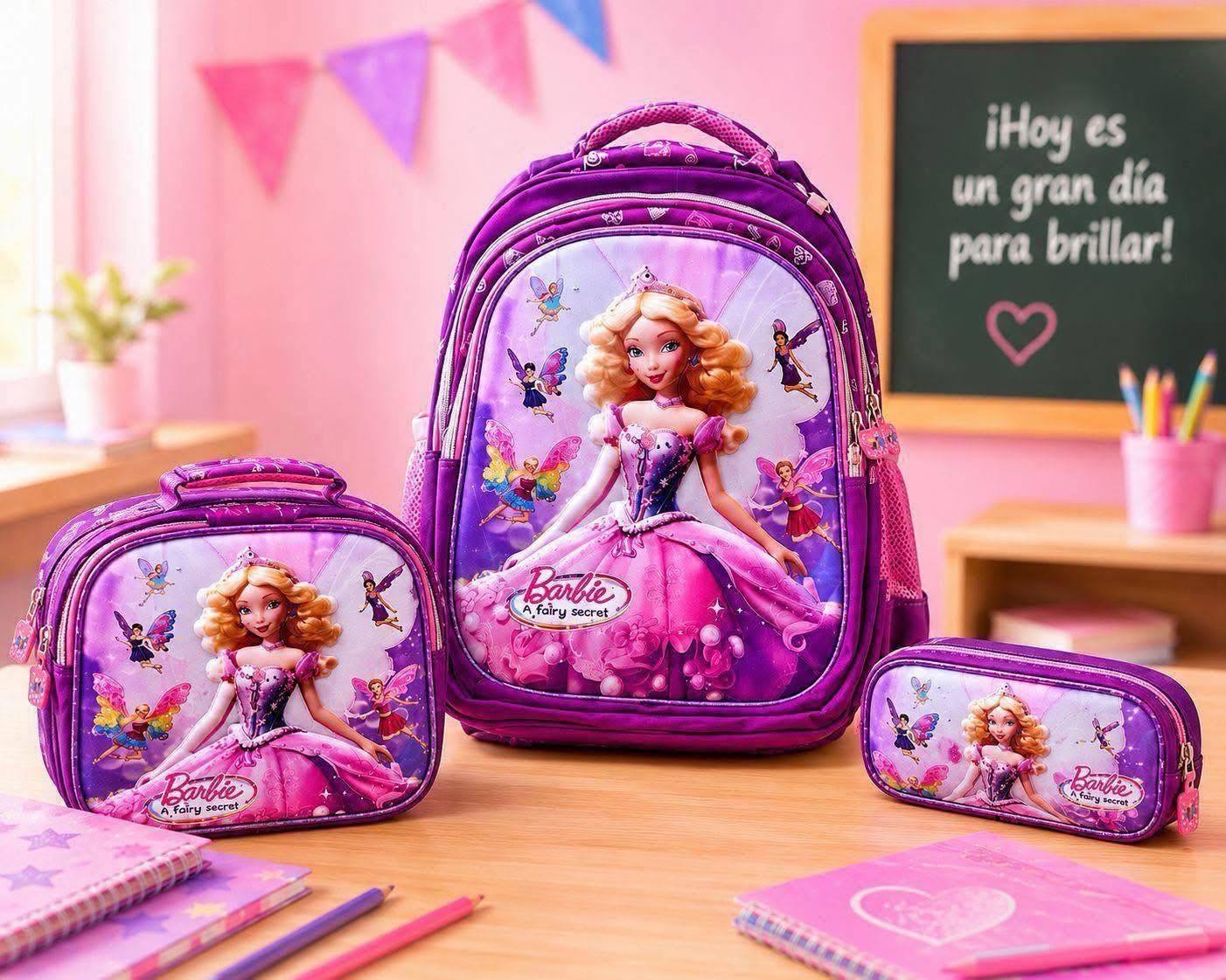 COMBO MOCHILA ESTAMPADO CON LUZ PERSONAJES BARBIE #2414