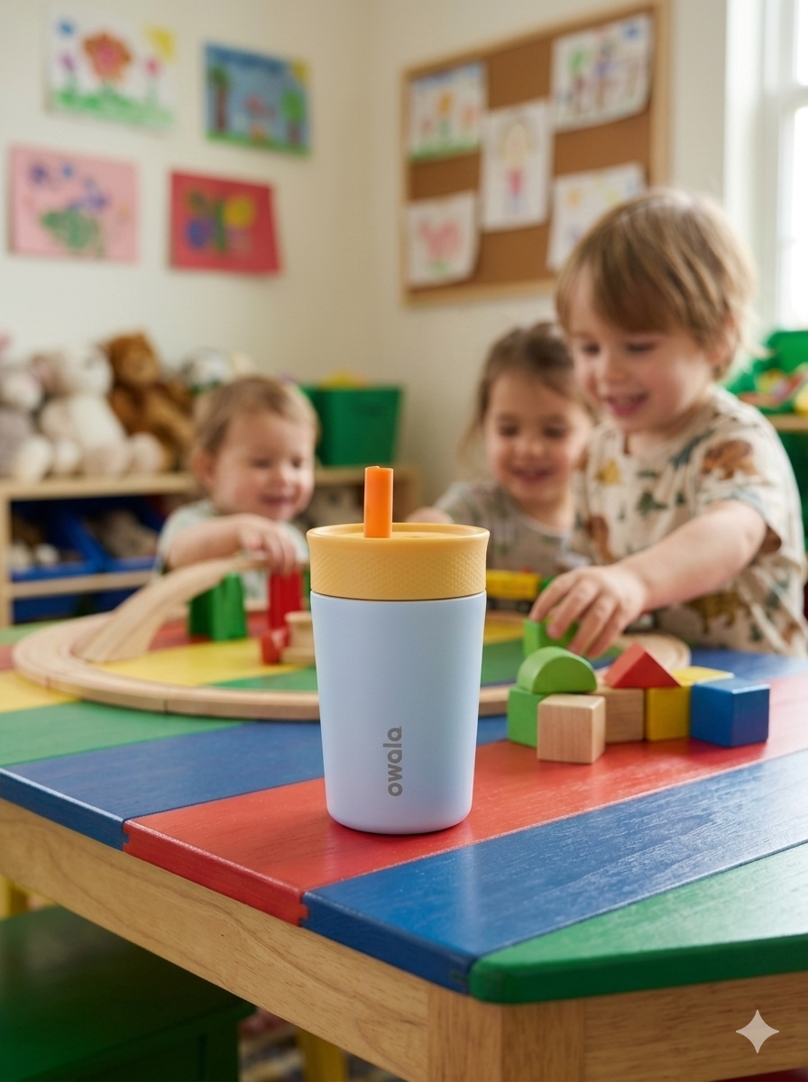 OWALA KIDS CON POPOTE 350ML CELESTE/NARANJA