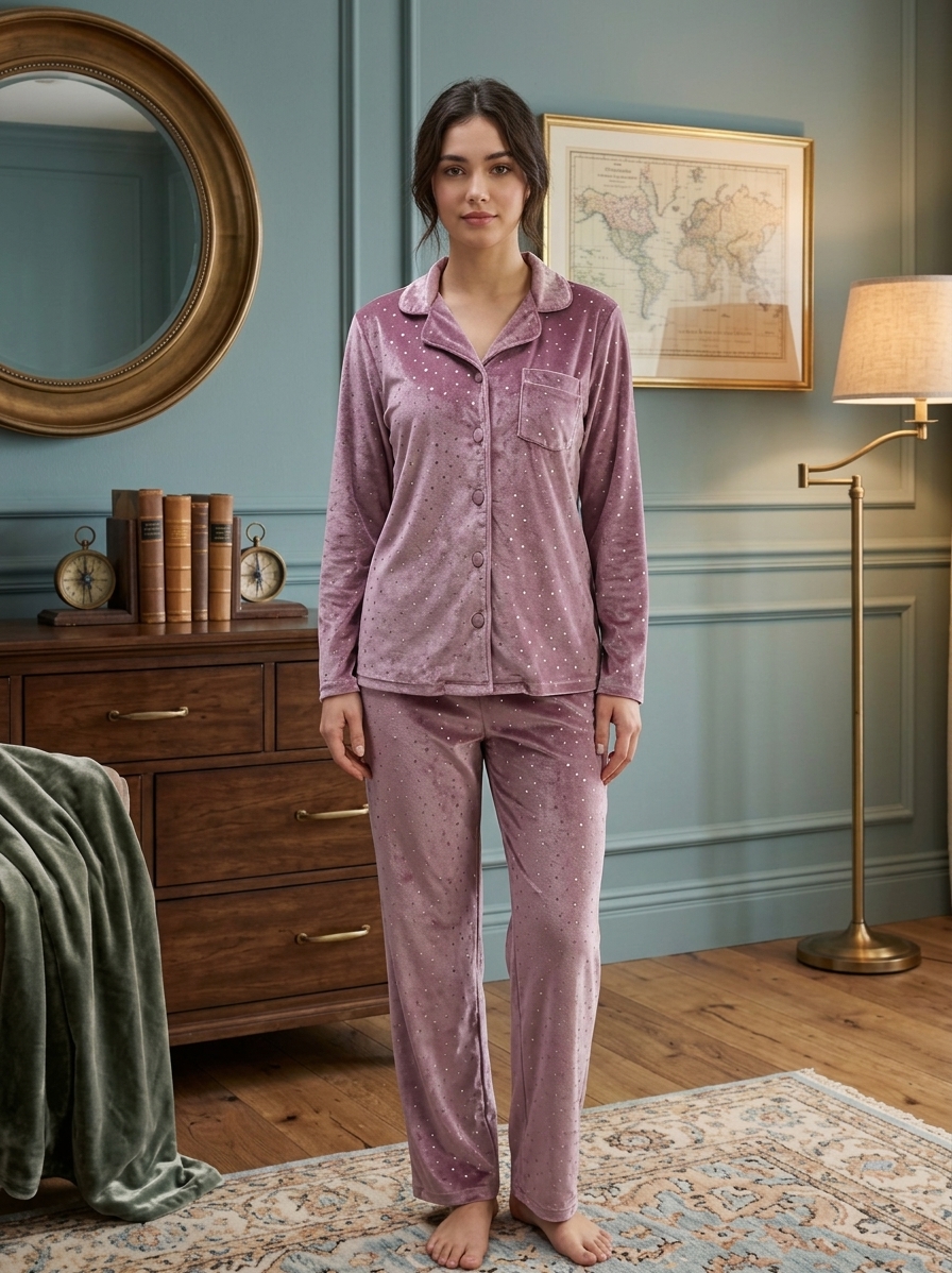 CONJUNTO PIJAMA CON BRILLOS ROSA L