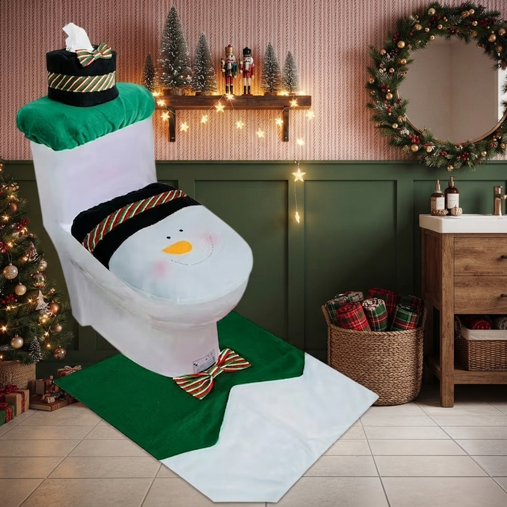 JUEGO DE BAÑO NAVIDEÑO 3PZ PORTAPAPEL MONO NIEVE TRAJE VERDE