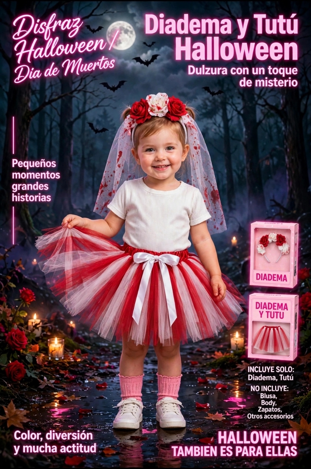 DISFRAZ HALLOWEEN TUTU Y DIADEMA CATRINA ROSAS