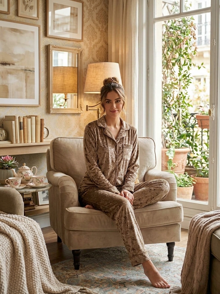 CONJUNTO PIJAMA CON BRILLOS BEIGE L