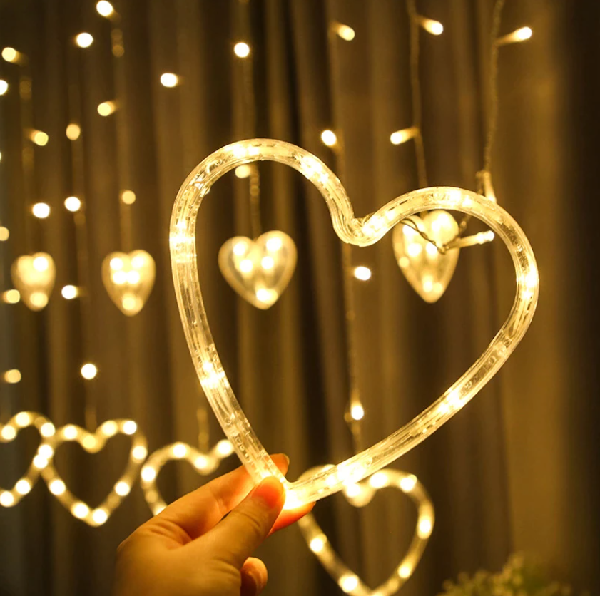 SERIE LUCES CORTINA CORAZONES LUZ CALIDA