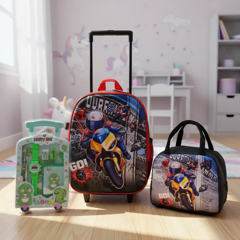 MOCHILA CARRITO CON LONCHERA Y KIT NIÑO MOTO