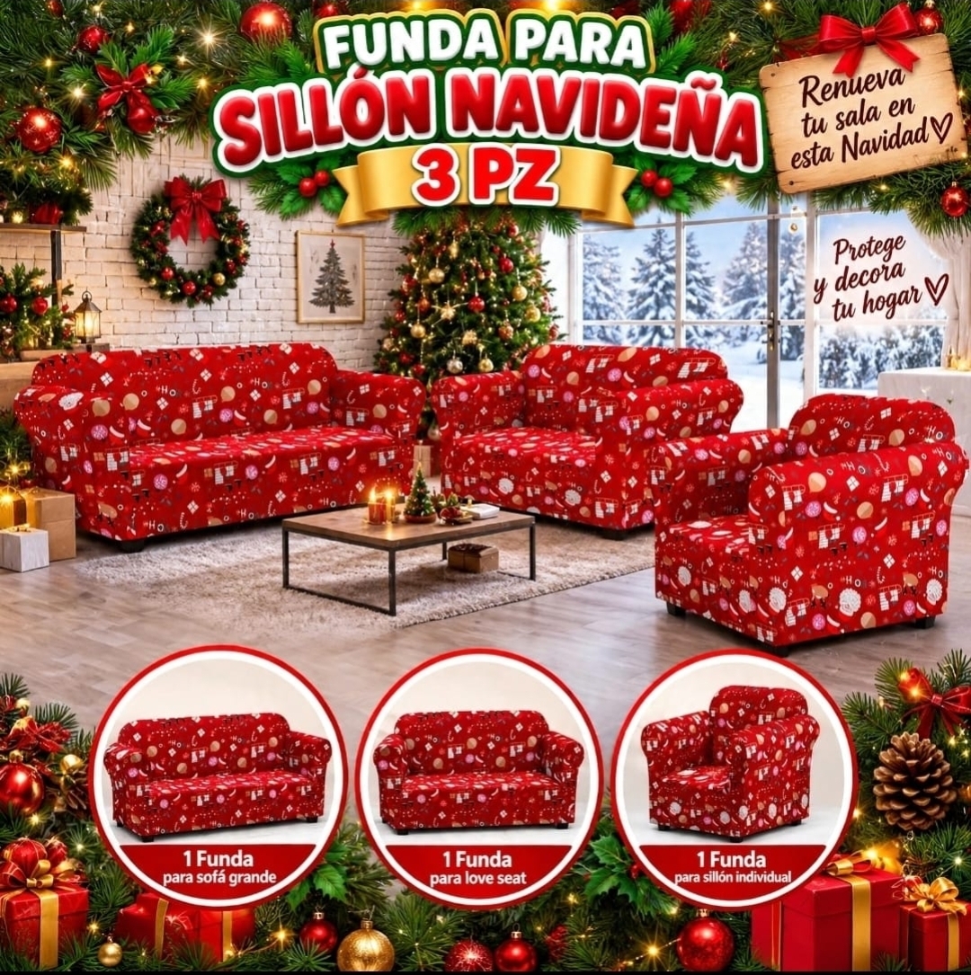 JUEGO DE 3 FUNDAS CUBRE SALA NAVIDEÑO