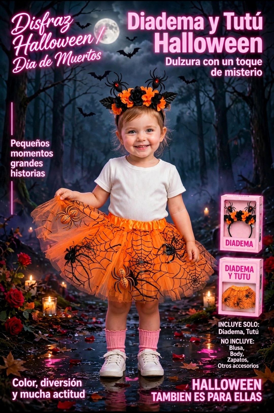 DISFRAZ HALLOWEEN TUTU Y DIADEMA NARANJA ARAÑA