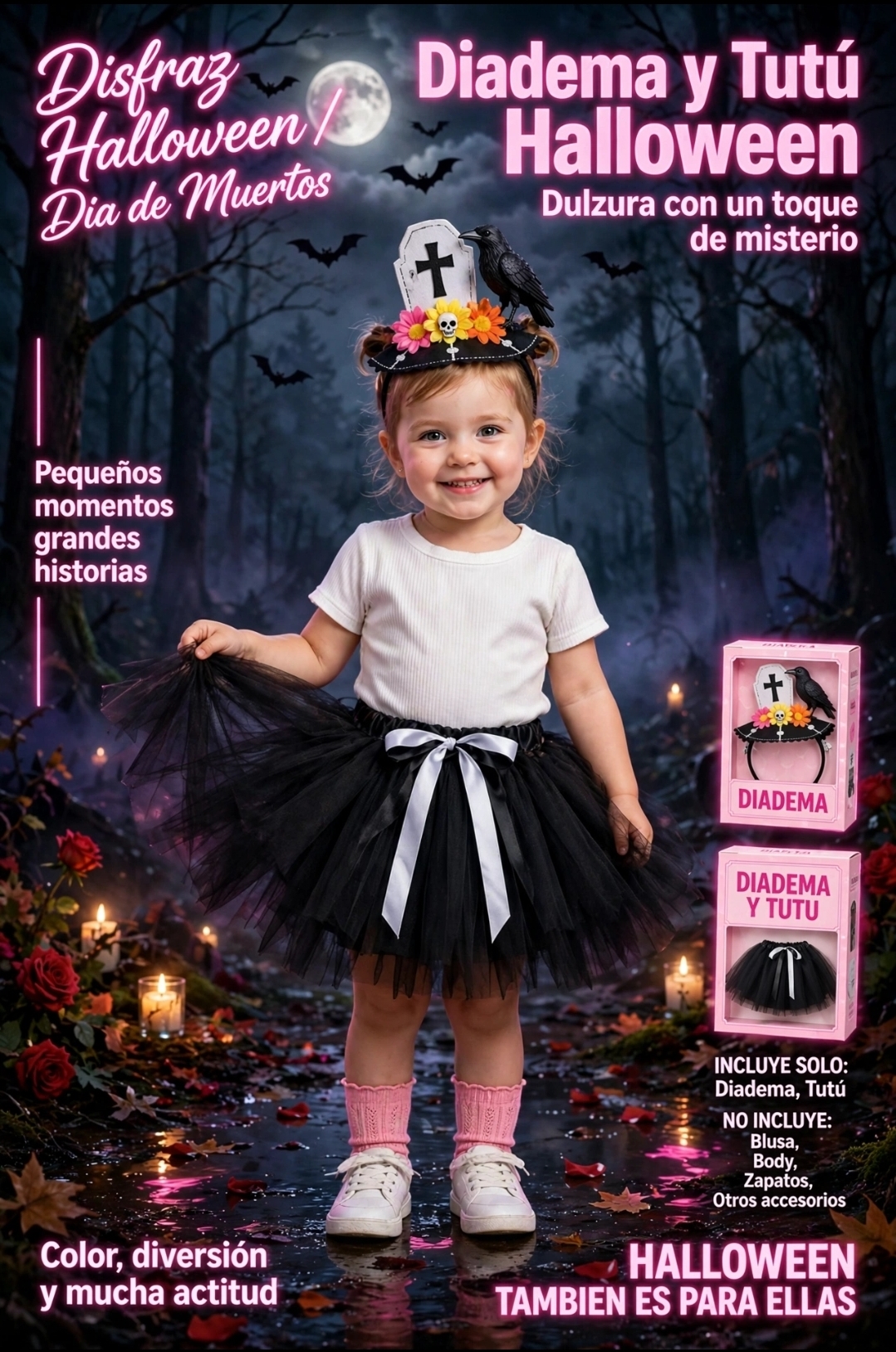 DISFRAZ HALLOWEEN TUTU Y DIADEMA TUMBA CEMENTERIO