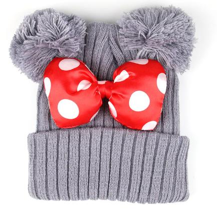 GORRO DOS POMPON CON MOÑO MINNIE GRIS