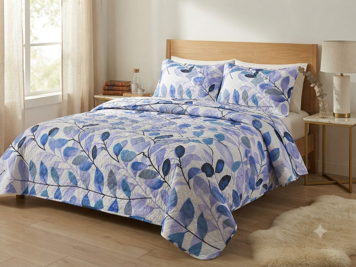 JUEGO DE CAMA 3 PIEZAS DISEÑOS BLANCO RAMAS LILAS/AZUL