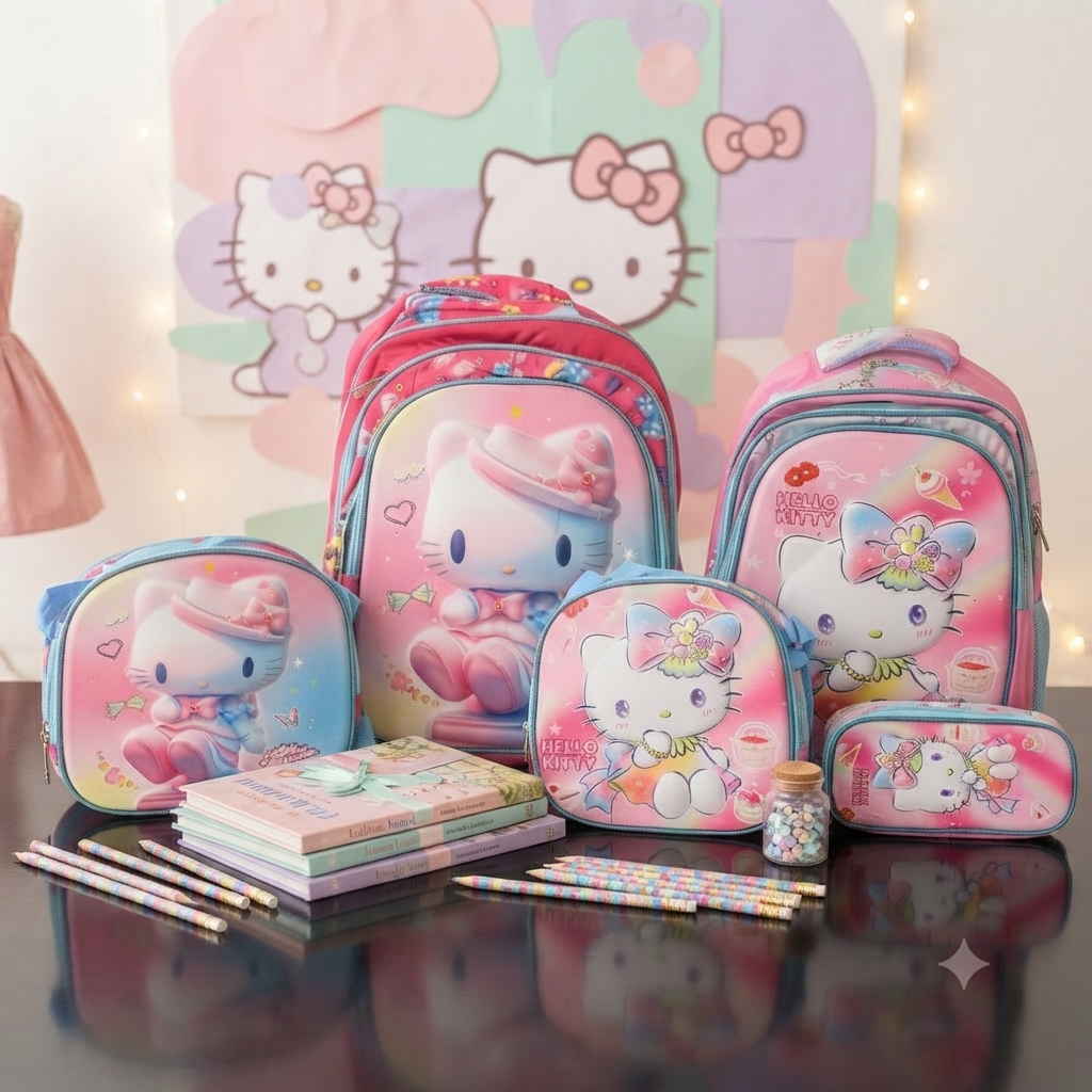 COMBO MOCHILA CON LUZ AL AZAR HELLO KITTY