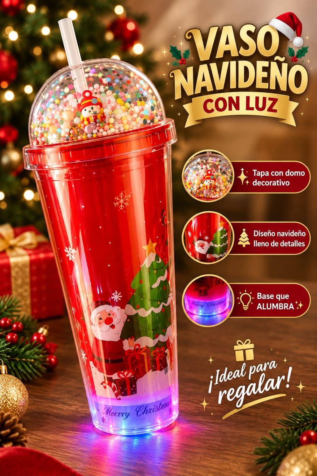 VASO NAVIDEÑO DE HIDROGEL CON LUZ LED AL AZAR