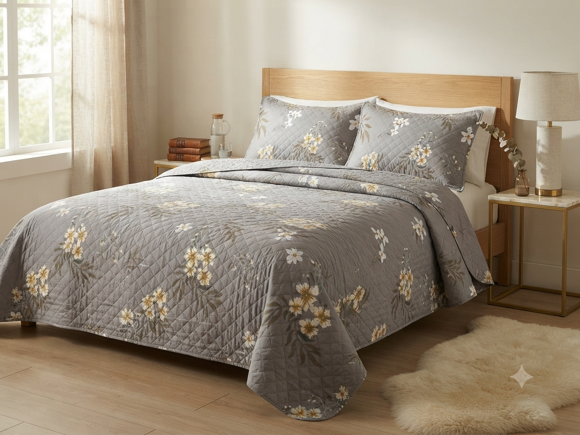 JUEGO DE CAMA 3 PIEZAS DISEÑOS GRIS OSCURO FLOR BLANCA/BEIGE