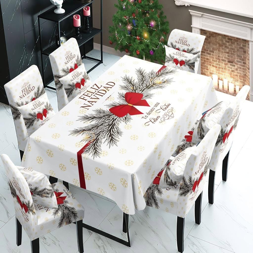 JUEGO DE MANTEL Y CUBRE SILLAS NAVIDEÑO 7PZ #009